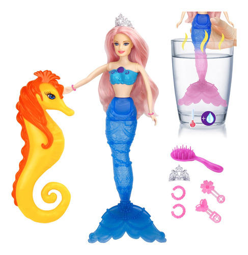 Muñeca Sirena Mágica Cambio De Color Accesorios Cabello Rosa