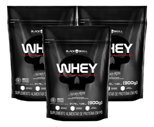 3x Whey Protein Con + Iso + Hidro Refil 900g - Black Skull Sabor Baunilha