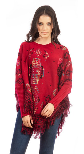 Imagen 2 de 3 de Poncho Loana Diseño Étnico Multicolor Manga Larga Ajustable
