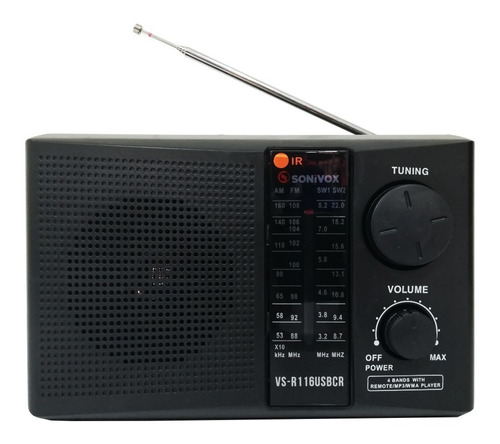 Radio Portatil Sonivox Vs-r116 Usb Sd 4 Bandas Am Fm Sw1 Sw2 110V/220V