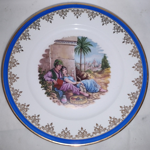 Plato De Porcelana Mz Czechoslovakia Dibujo Central Oro Y Az