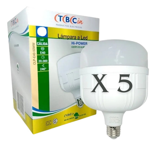 Pack X5 Lampara Led Alta Potencia Galponera 40w Luz Calida Blanco Cálido