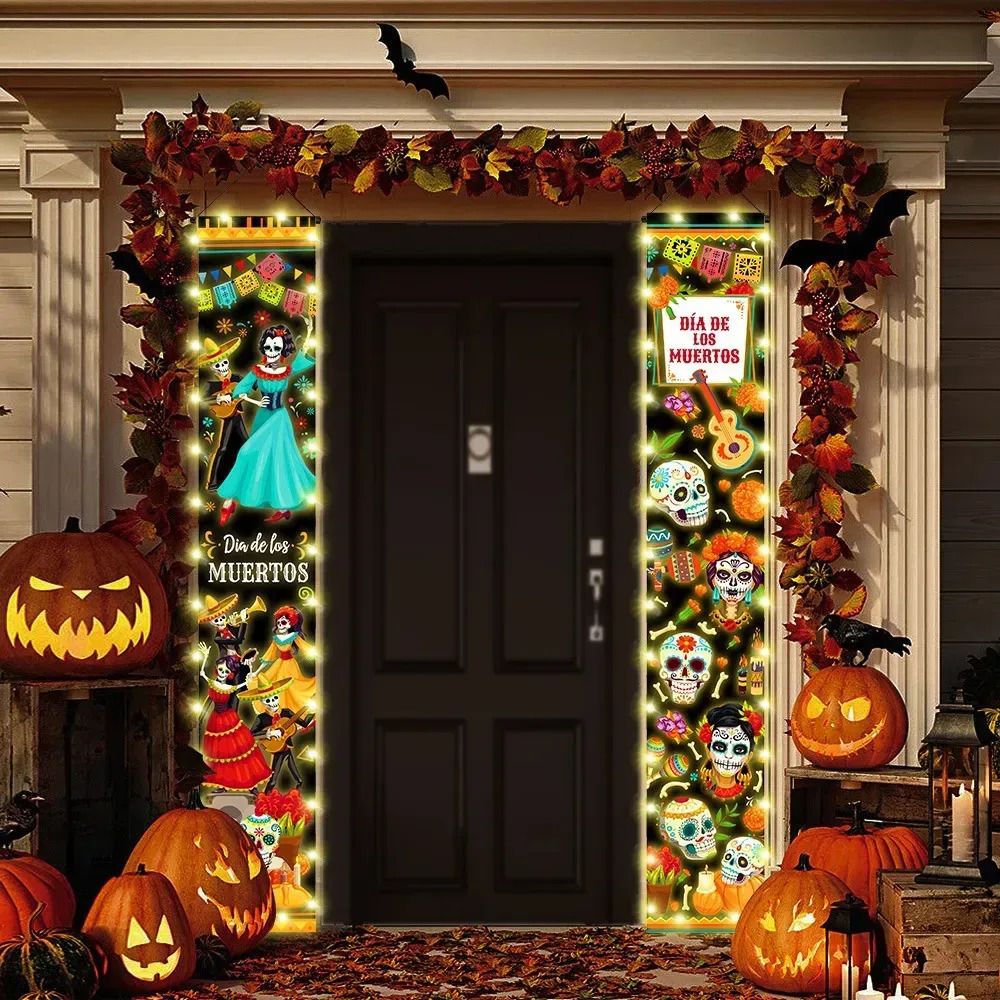 Cathseen Set 2 Pzs Banner Colgante para Puerta Día de Muertos,180x30cm, Calavera de Azúcar y Personajes Esqueleto con Luces LED, Decoración de Porche, Adorno para Fiesta Mexicana y