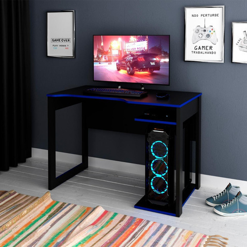 Escritorio Gamer Melamina Bonno Thonet Negro Con Azul