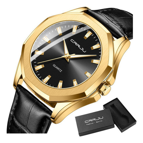 Relógios De Quartzo Impermeáveis Casuais De Couro Crju Cor Da Correia Dourado/preto