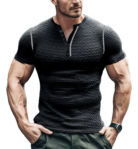 Camisa Henley De Manga Corta Para Hombre Musculoso, Deportiv