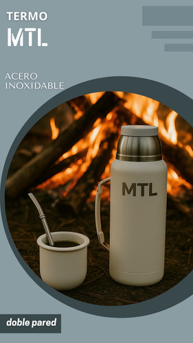 Termo Mtl 1 Litro Acero Inoxidable Color Blanco Tapa Vaso Cebador Doble Pared Ligero 24hs Frio Calor Mate Camping Oficina Compacto Manija Facil De Limpiar