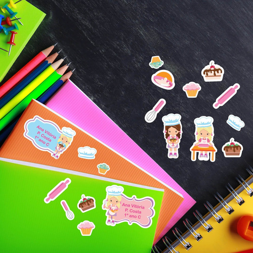 Imagem 2 de 4 de Etiquetas Escolares Chef Menina Cozinha Personalizadas 178un