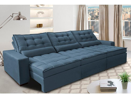 Sofá Retrátil e Reclinável 3,82m com Molas Ensacadas Cama Inbox Gold Tecido Suede Velusoft Azul