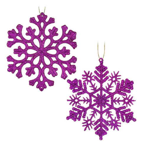 30 Adornos De Copos De Nieve Purpurina Morado 12 Cm Navidad