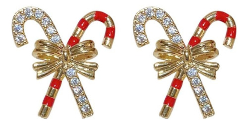 Bowknot With Christmas Crutch Stud Pendientes Chapado En Oro