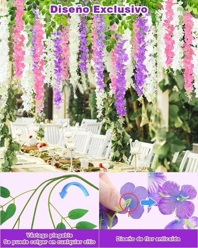 24pzs Flores Artificial Wisteria Decoración Fiesta Boda 1.1m Lavanda