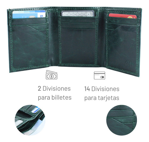 Cartera Hombre Billeter Caballero Piel Triple Empaque Color Verde