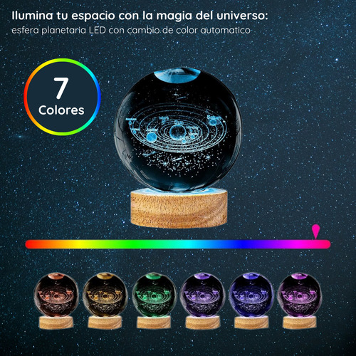 Esfera Cristal 3d Multicolor Led Base Madera Lámpara Noche Marrón Sistema Solar