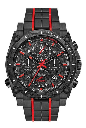 Reloj pulsera Bulova Precisionist 98B313 de cuerpo color negro, analógica, para hombre, fondo negro, con correa de acero inoxidable color negro y rojo, agujas color rojo, negro y blanco, dial rojo y negro, subesferas color negro, minutero/segundero blanco, bisel color negro y desplegable