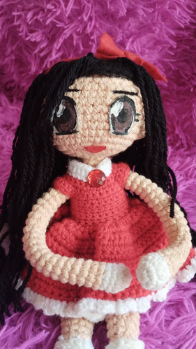 Muñeca Anime Tejida A Crochet 32cm Aprox Rojo