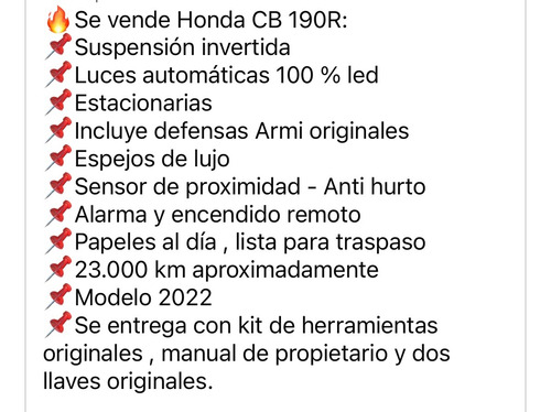 Se Vende Moto Honda Cb 190r Año 2022, Con Accesorios