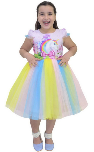 Vestido Unicórnio Tule Rosa, Amarelo E Azul - 1 A 10 Anos