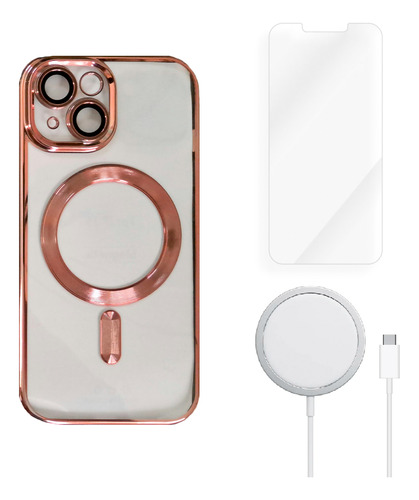 Funda Magsafe Para Iphone + Mica Templada + Cargador Magsafe Rosa 15