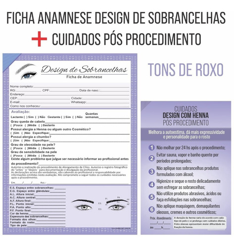Design Sobrancelha Ficha Anamnese + Cuidados Henna 100 Folha