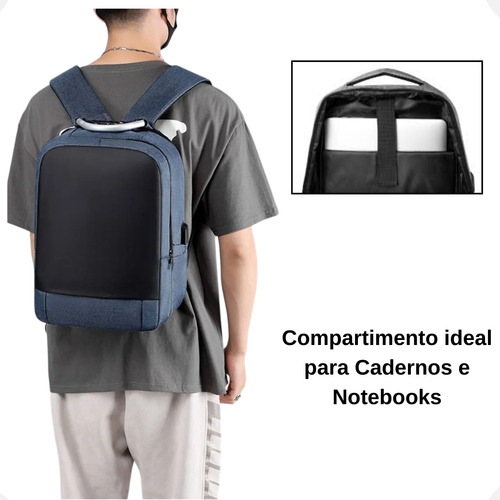 Mochila Azul Antifurto Executiva Com Cadeado Trava Segurança Porta Usb Saída Fone Ouvido Compartimento Notebook Resistente Reforçada Grande Anti Furto Unissex Masculina Feminina Trab