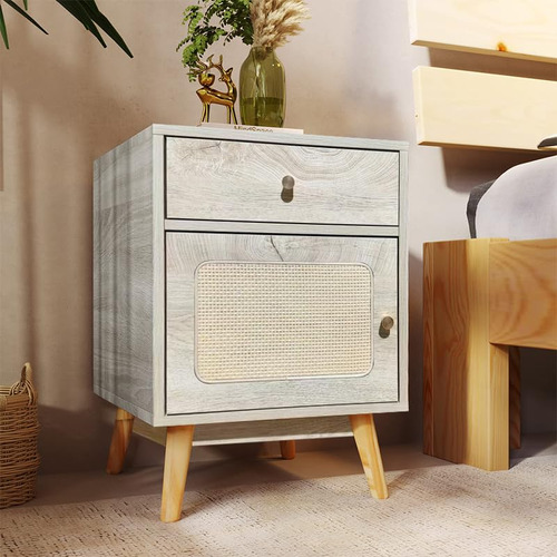 Mesita De Noche De Ratán Y Madera Con Cajón, Bohemia