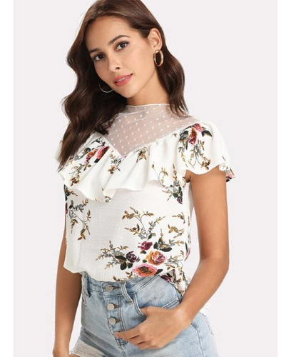Blusa Talla S Floral Con Encaje Nueva Importada Elegante