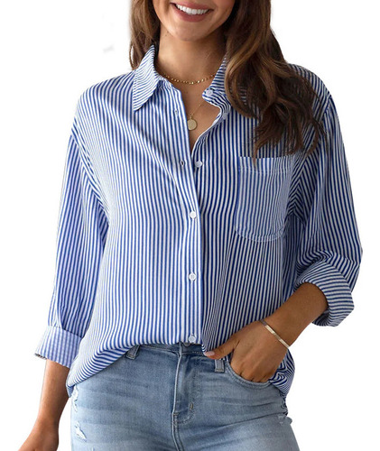 Camisa De Manga Larga Informal Holgada Con Top A Rayas Mujer