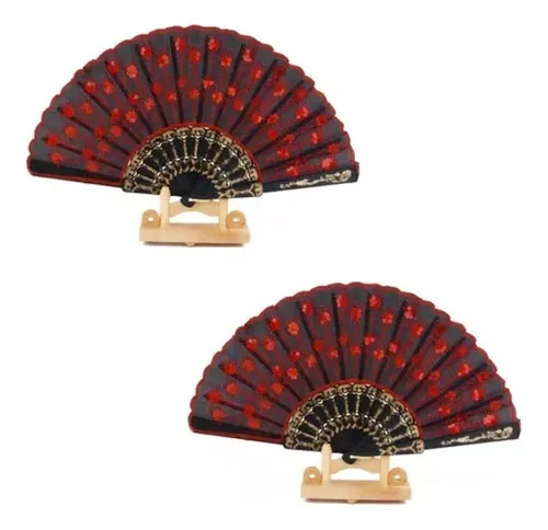 comprar Set X2 Abanico De Mano Tela Diseño Lentejuelas Bordado Rojo