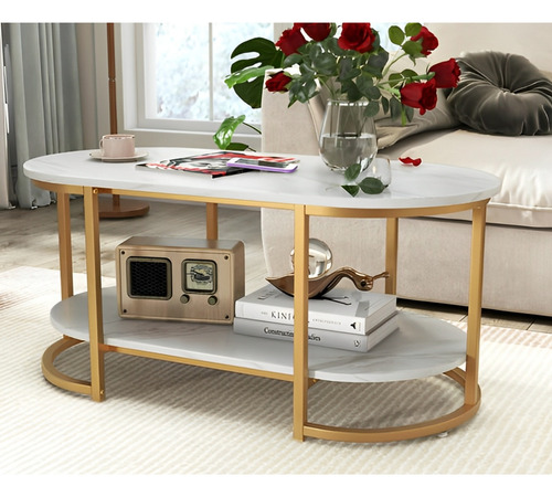 Mesa De Centro De Lujo 2 Niveles Estilo Mármol Brillante