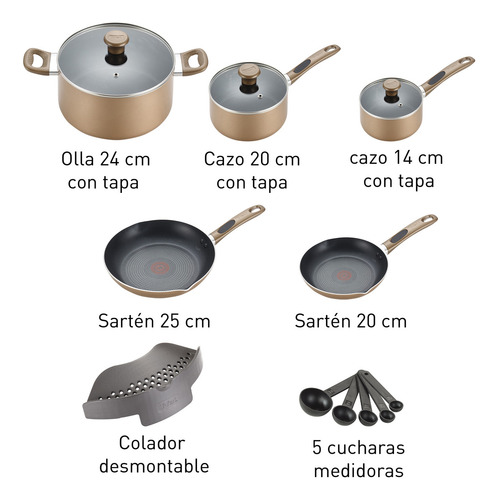 T-fal Batería De Cocina 14 Piezas Ollas Y Sartenes Bronce