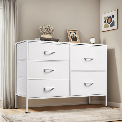 Cómoda De Tela Para Dormitorio Con 5 Cajones Color Blanco