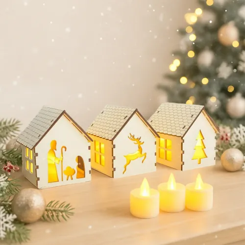 Luminária Led Vela Decoração Natal  Pisca Enfeite - 3 Casinha Branco Enfeite Natal Pisca Pisca