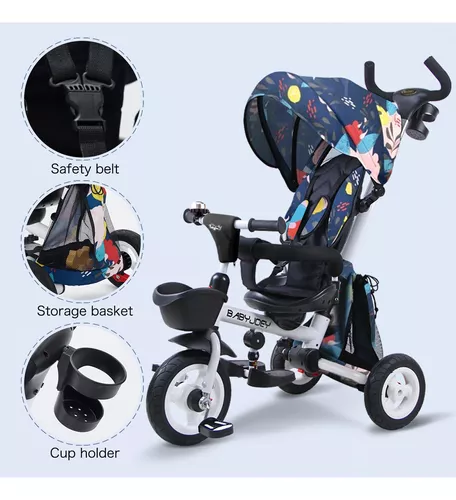 Triciclo para bebé, triciclo plegable 6 en 1, con mango ajustable para  padres, toldo extraíble, arnés de seguridad, frenos de rueda,  almacenamiento