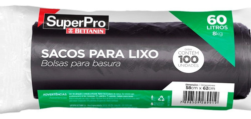 Saco De Lixo Superpro Bettanin 60l 60x70cm Preto Com 100 Pec