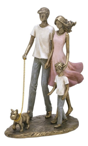 Escultura Decorativa Casal Com Filho E C/ Pet Mabruk Estátua Cor FamiliaComFilhoePet