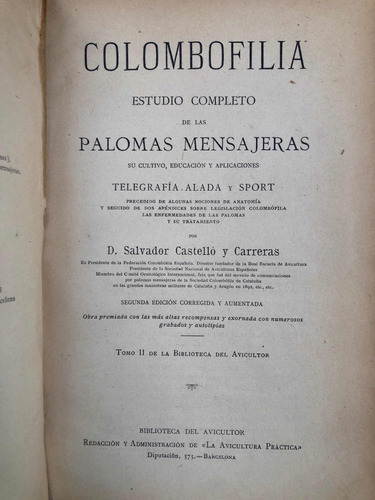 Colombofilia. Est. Completo De Las Palomas. 1901. Barcelona