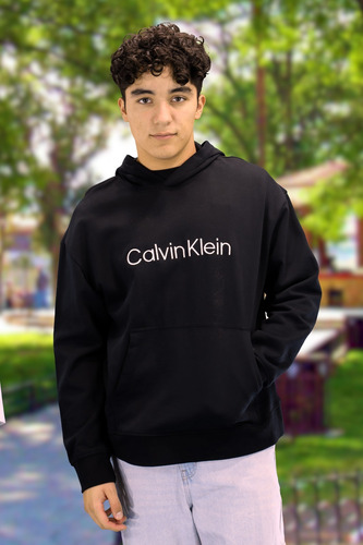 Sudadera Calvin Klein Con Gorro Bordado Blanco En El Pecho