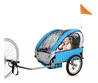 Remolque Carriola Para Dos Niños Mascotas Tiron De Bicicleta Color Azul