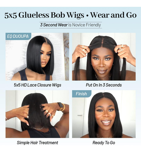 Cabello Humano Wig Eq Duoupa Wear And Go Bob, 25 Cm, 180% De