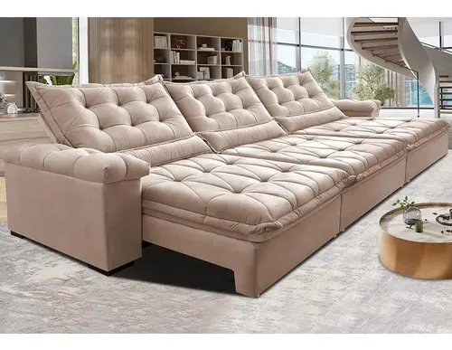 Sofá Retrátil 3,55m Cama Inbox Big Fresh. Com Softgel d40 Cor Bege