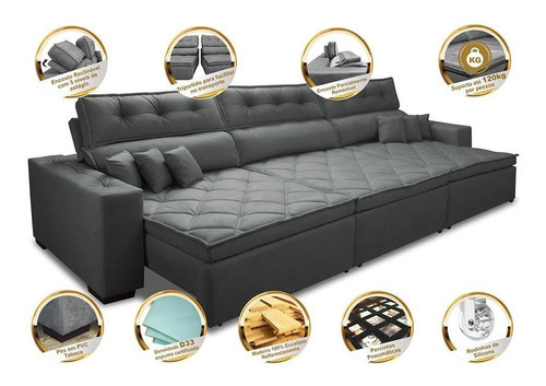 Sofá Austin 3,22m Retrátil, Reclinável com Molas no Assento e Almofadas, Suede Cinza Cama inBox