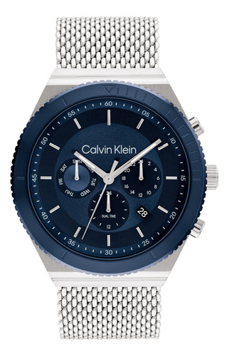 Reloj Calvin Klein Fearless Para Hombre 25200305 Plateado Bisel Azul Marino Fondo Azul Marino