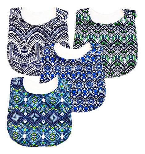 Kit 4 Baberos Para Bebé Tribal Azul De Algodón Impermeable Talla Unitalla