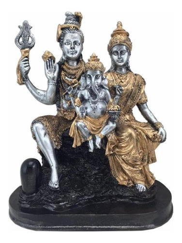 Shiva Parvati E Ganesha Estátua Família Indiano Prata E Ouro