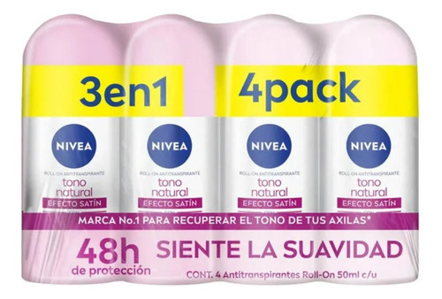 Antitranspirante Nivea Aclarado Efecto Satín 4 Pzas De 50 Ml Original