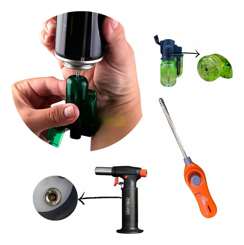 Gás Butano Refil Isqueiros E Maçarico 5 Adaptadores Recarga