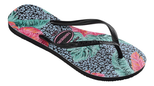 Imagen 3 de 8 de Ojotas Havaianas Slim Animal Floral Preto Negro Mujer