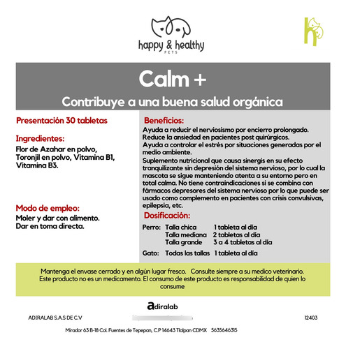Suplemento Mascotas Calm + 100 Tabletas Perro Y Gato