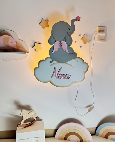 Lámpara Luz Infantil Modelo Elefantito. Bebes, Niños, Niñas Blanco Gris